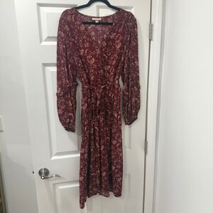 Knox Rose Burgundy Floral Print Long Sleeve Faux‎ Wrap Midi Dress XXL Belt Boho